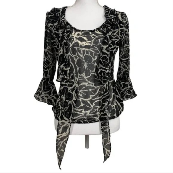 VERSATILE THREAD / Black & Cream Sheer Ruffle Front Tie Blouse - Picture 3 of 11